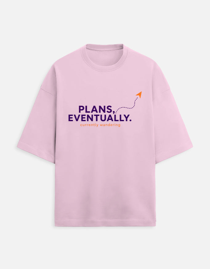 Plans, Eventually oversized terry travel t-shirt – front print, unisex drop-shoulder fit | Khojo