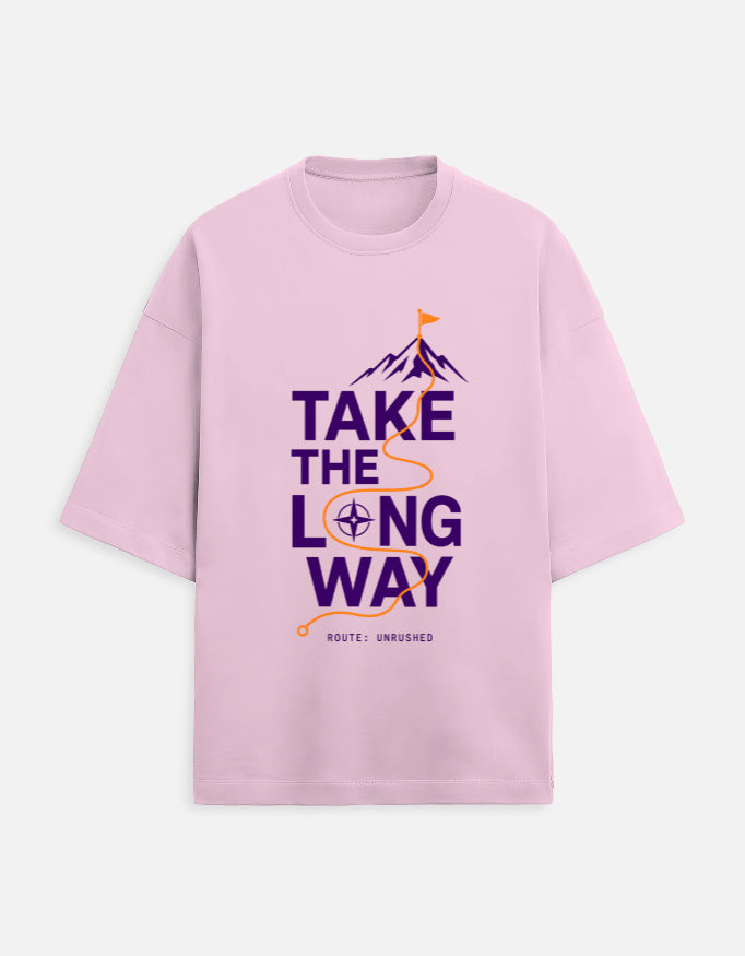 Take the Long Way oversized travel tee – Light Baby Pink – Khojo Store