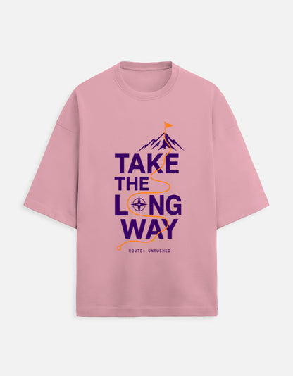 Take the Long Way oversized travel tee – Flamingo – Khojo Store