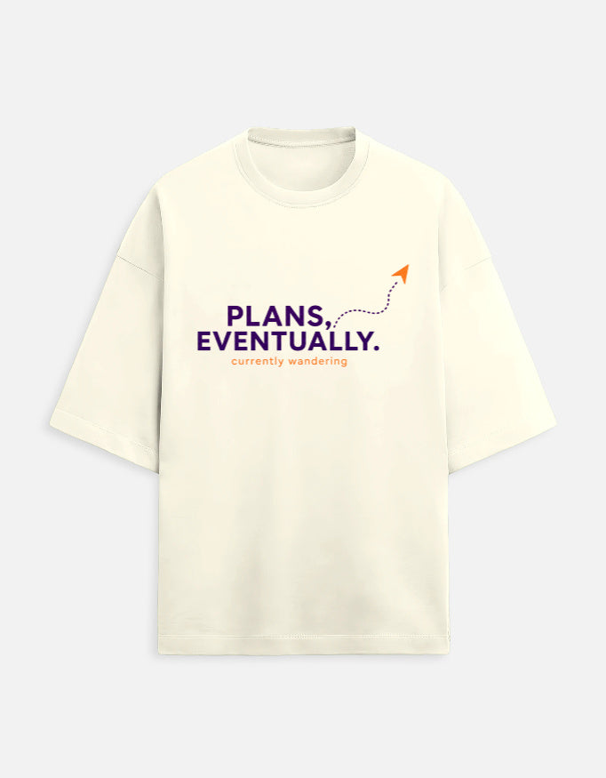 Plans, Eventually oversized terry travel t-shirt – front print, unisex drop-shoulder fit | Khojo