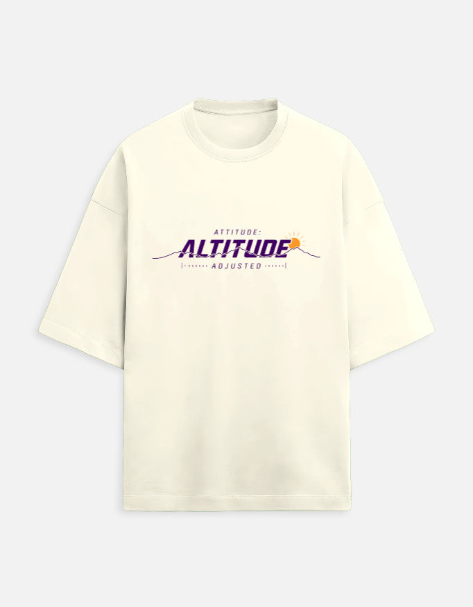 Altitude Adjusted oversized terry mountain travel t-shirt – front print, unisex drop-shoulder fit | Khojo