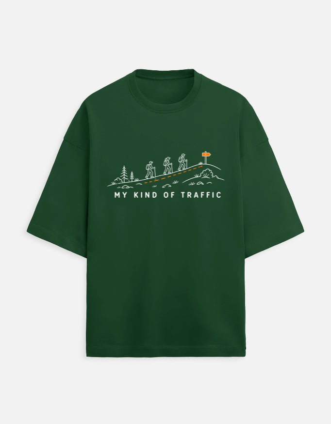 My Kind of Traffic oversized terry trekking travel t-shirt – front print, unisex drop-shoulder fit | Khojo