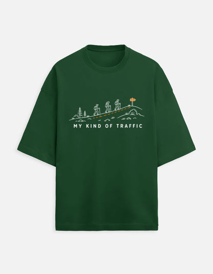 My Kind of Traffic oversized terry trekking travel t-shirt – front print, unisex drop-shoulder fit | Khojo