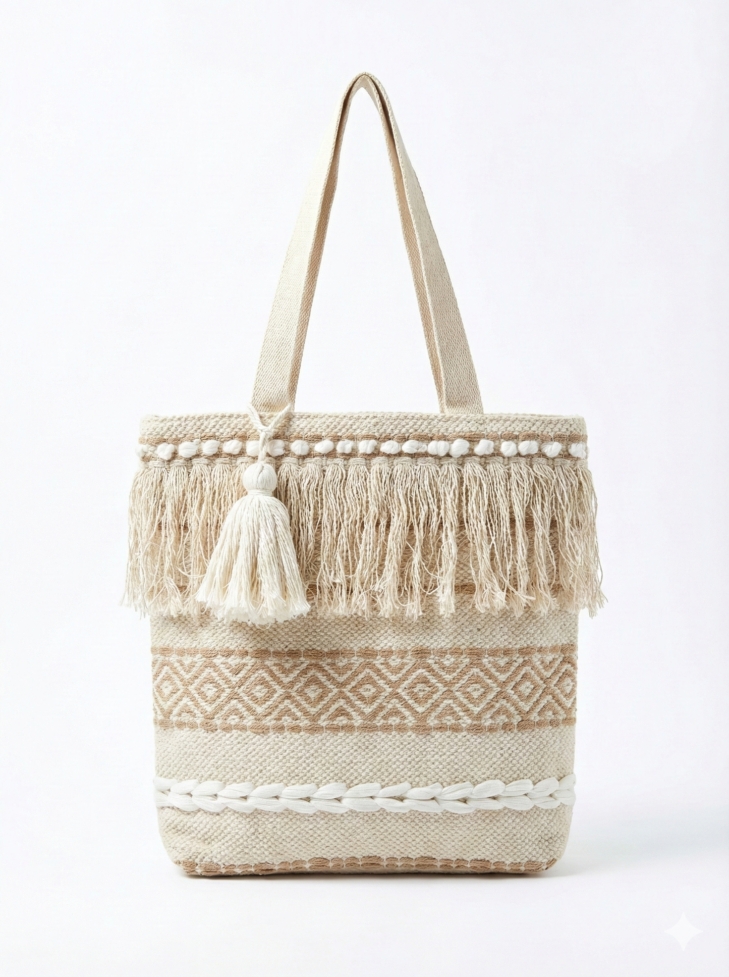 Eco-friendly hemp tote bag featuring handcrafted beige color ethnic cotton weave, fringe tassels, and durable shoulder handles for everyday use.