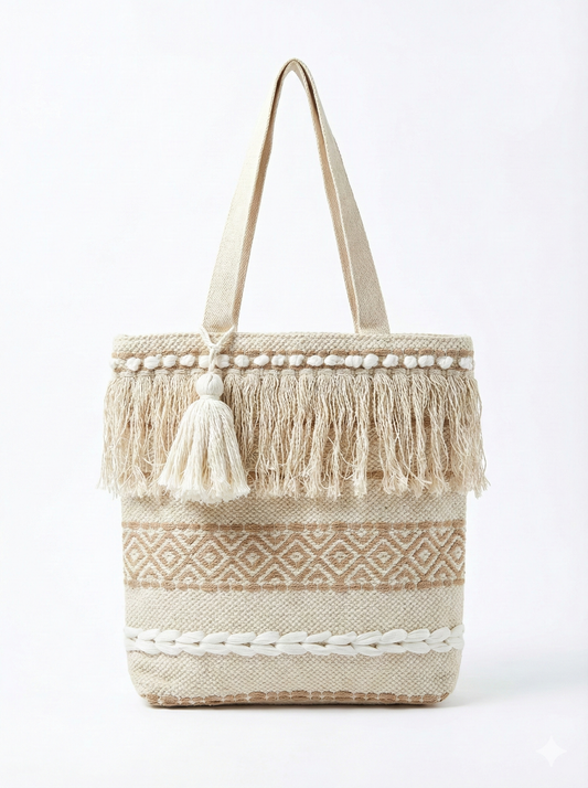 Eco-friendly hemp tote bag featuring handcrafted beige color ethnic cotton weave, fringe tassels, and durable shoulder handles for everyday use.