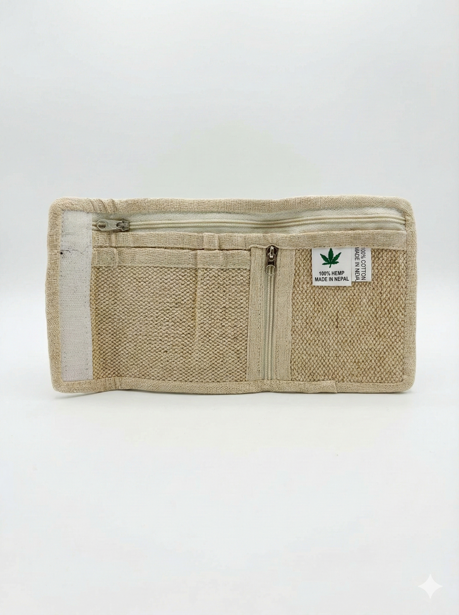 Interior layout of eco-friendly Himalayan hemp wallet featuring card holders, secure zip coin pocket, and textured natural fabric.