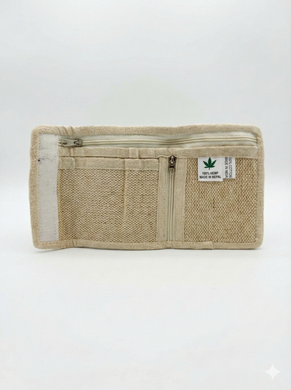 Interior layout of eco-friendly Himalayan hemp wallet featuring card holders, secure zip coin pocket, and textured natural fabric.