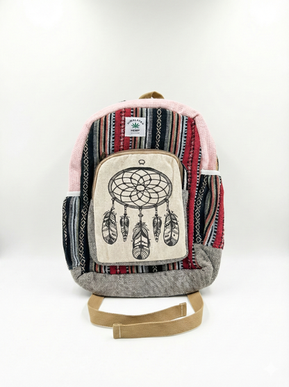 Ethnic hemp pithu bag in pink red color with handcrafted fabric and durable carrying straps.