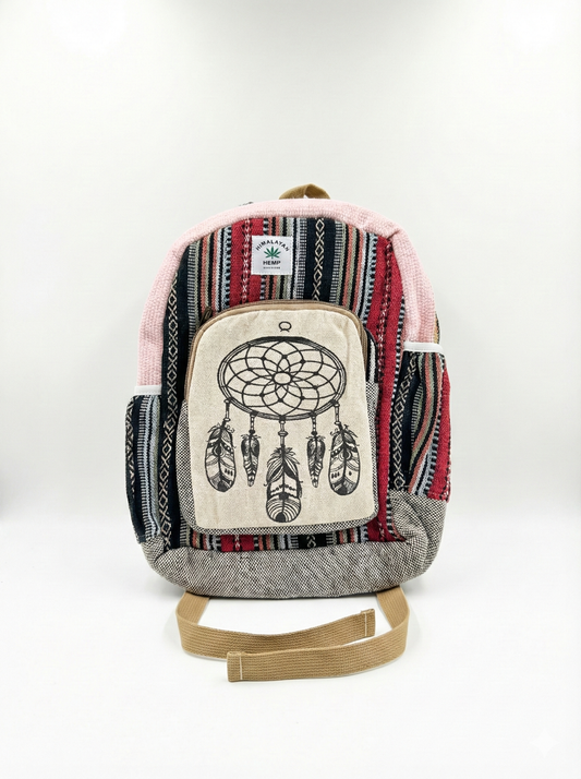 Ethnic hemp pithu bag in pink red color with handcrafted fabric and durable carrying straps.