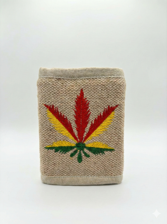 Handmade Himalayan hemp wallet featuring embroidered leaf design, zip coin pocket, card slots, and durable natural fabric.