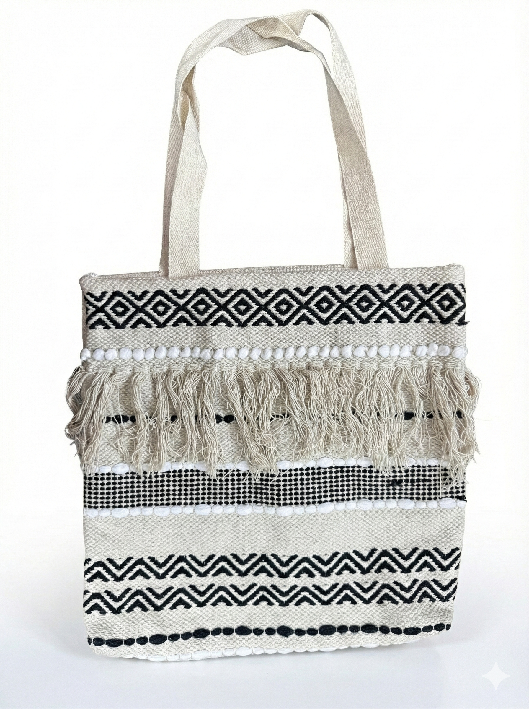 Eco-friendly hemp tote bag featuring handcrafted multicolor - black|beige color ethnic cotton weave, fringe tassels, and durable shoulder handles for everyday use.