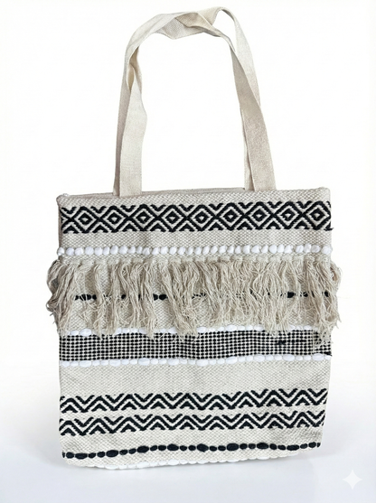 Eco-friendly hemp tote bag featuring handcrafted multicolor - black|beige color ethnic cotton weave, fringe tassels, and durable shoulder handles for everyday use.