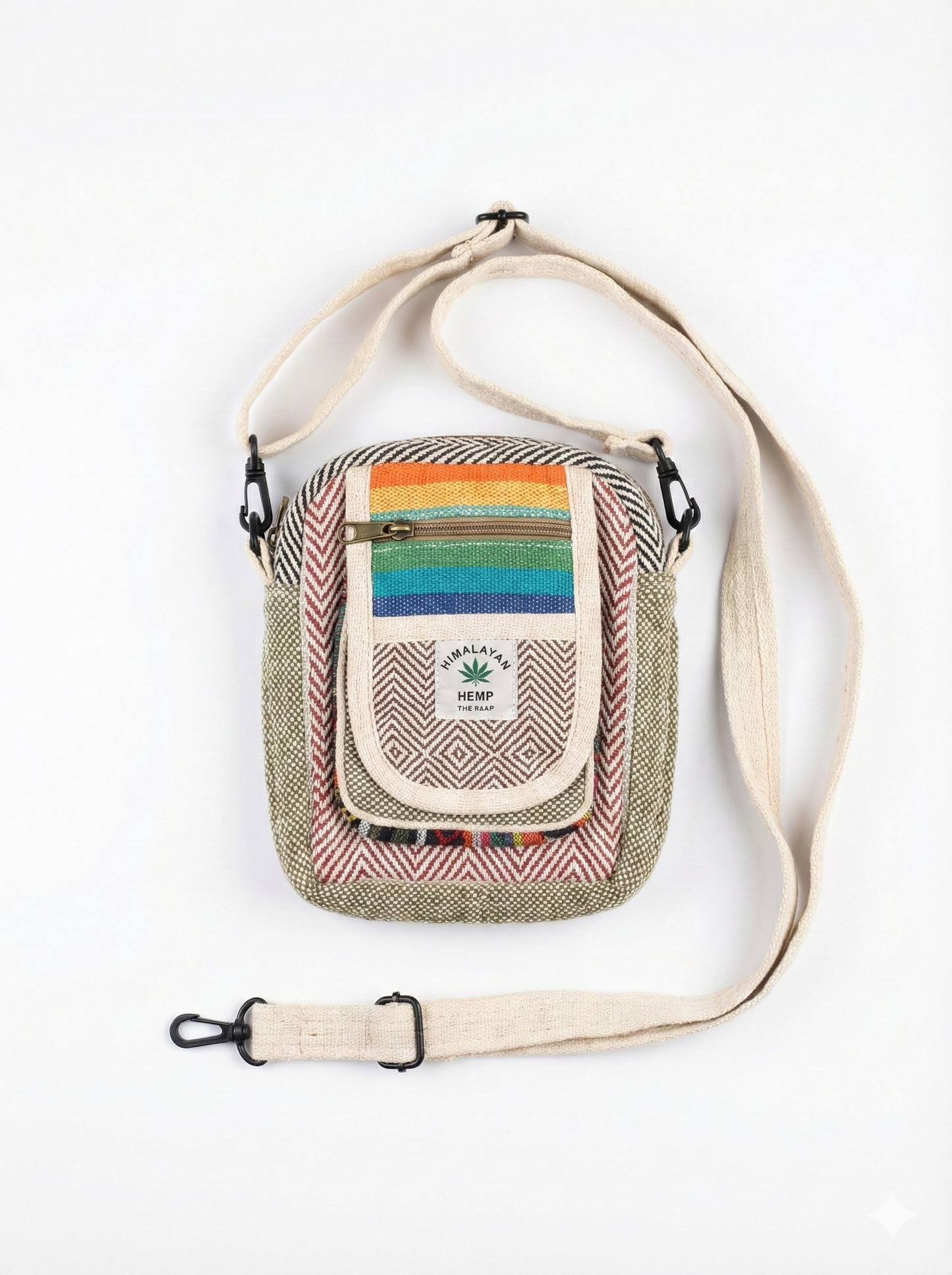 Eco-friendly Himalayan hemp Hululu sling bag with multicolor - red|brown ethnic weave, zip pocket, and adjustable crossbody strap for travel.
