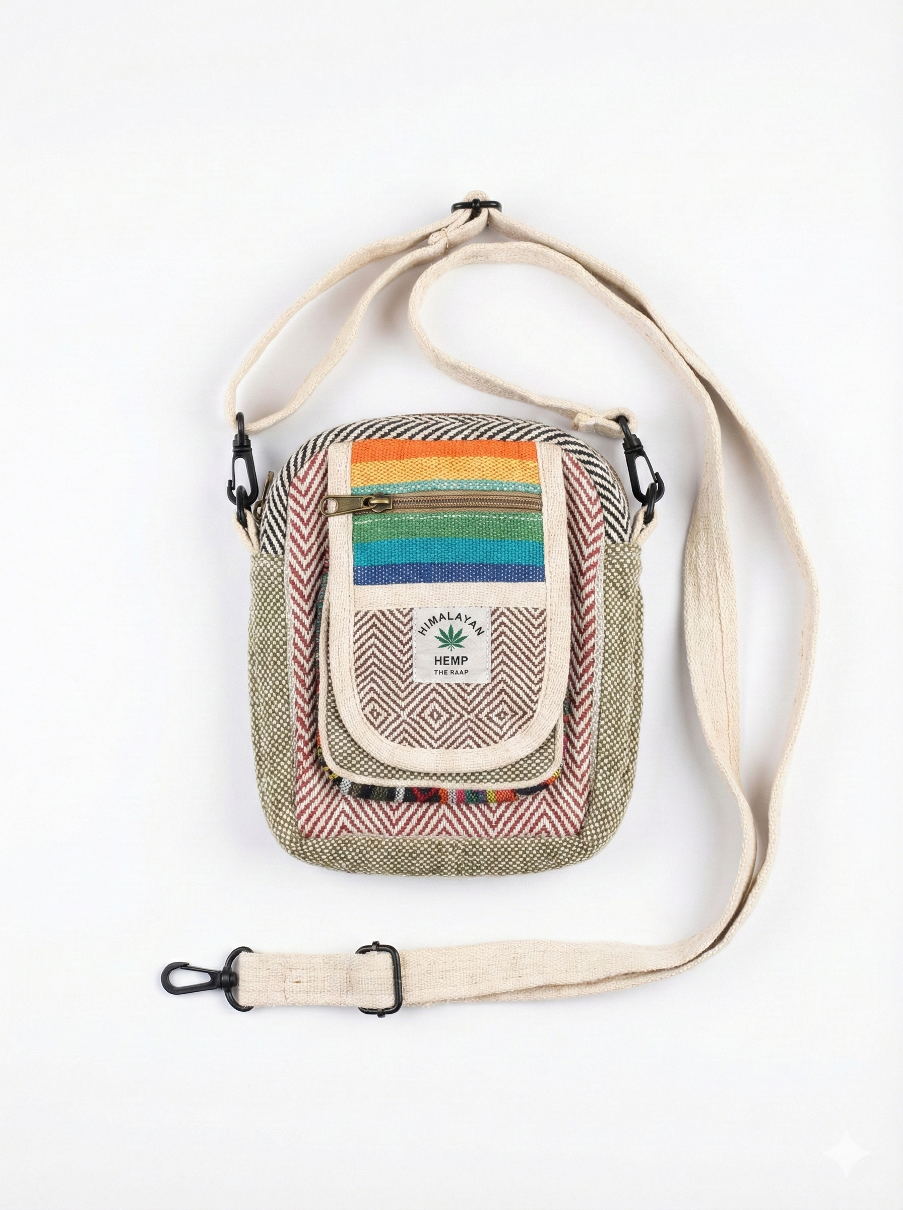 Eco-friendly Himalayan hemp Hululu sling bag with multicolor - red|brown ethnic weave, zip pocket, and adjustable crossbody strap for travel.
