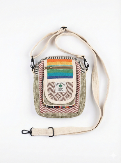 Eco-friendly Himalayan hemp Hululu sling bag with multicolor - red|brown ethnic weave, zip pocket, and adjustable crossbody strap for travel.
