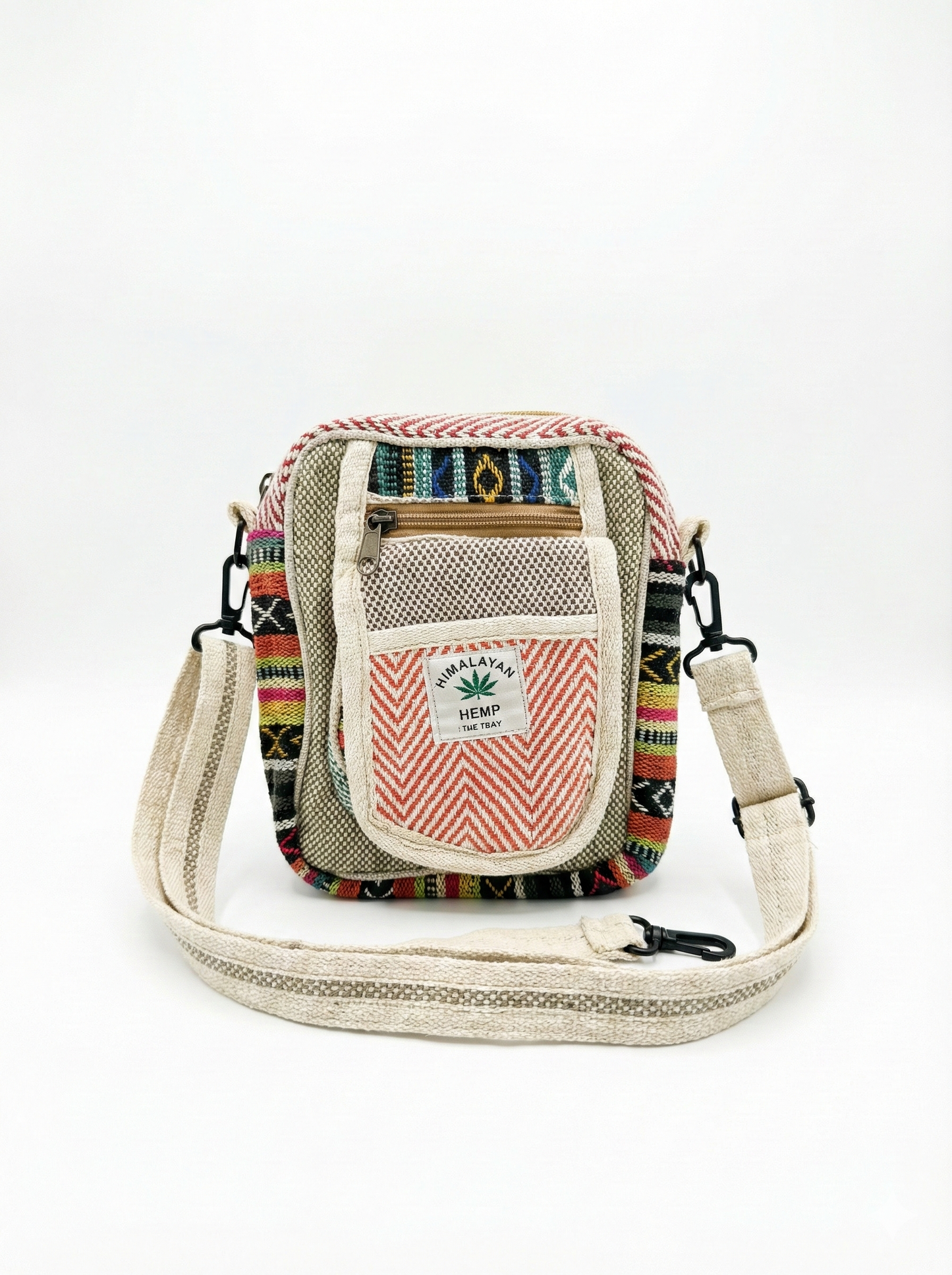 Eco-friendly Himalayan hemp Hululu sling bag with multicolor - beige|red ethnic weave, zip pocket, and adjustable crossbody strap for travel.
