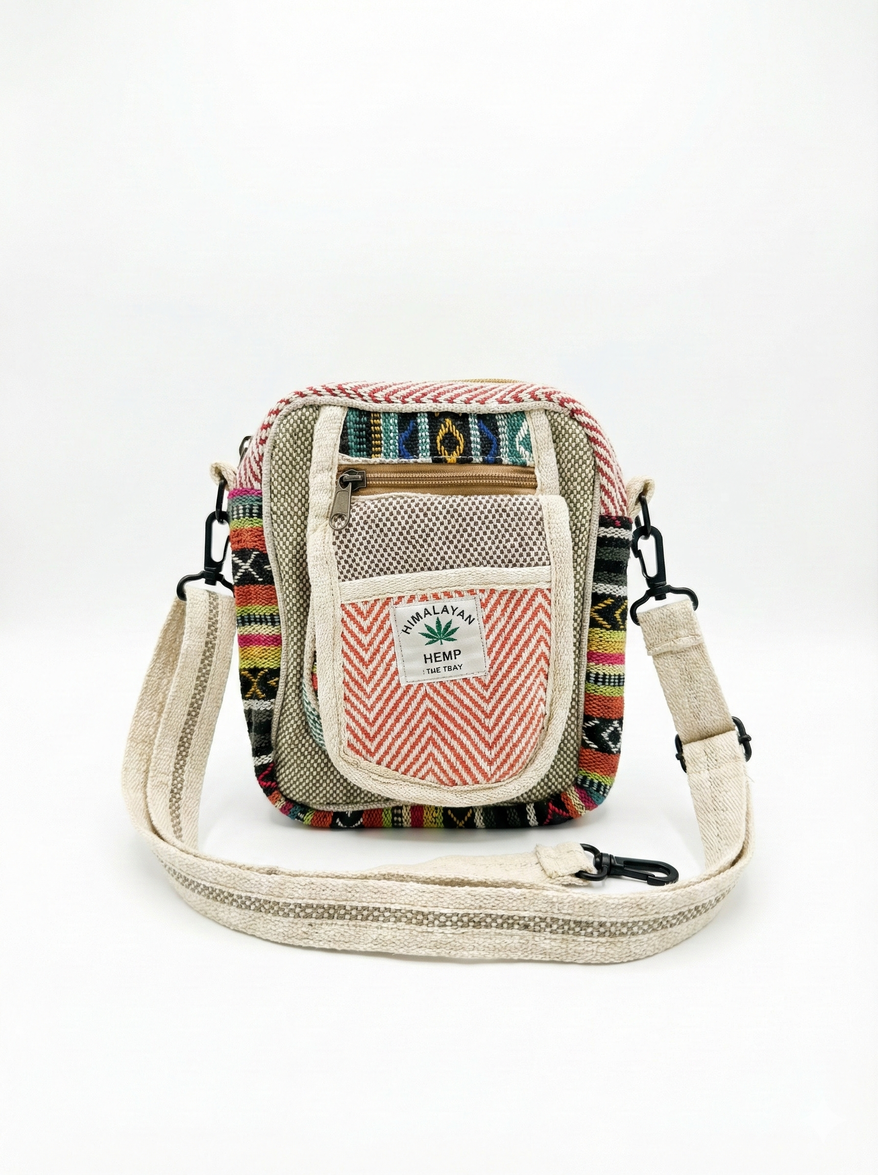 Eco-friendly Himalayan hemp Hululu sling bag with multicolor - beige|red ethnic weave, zip pocket, and adjustable crossbody strap for travel.
