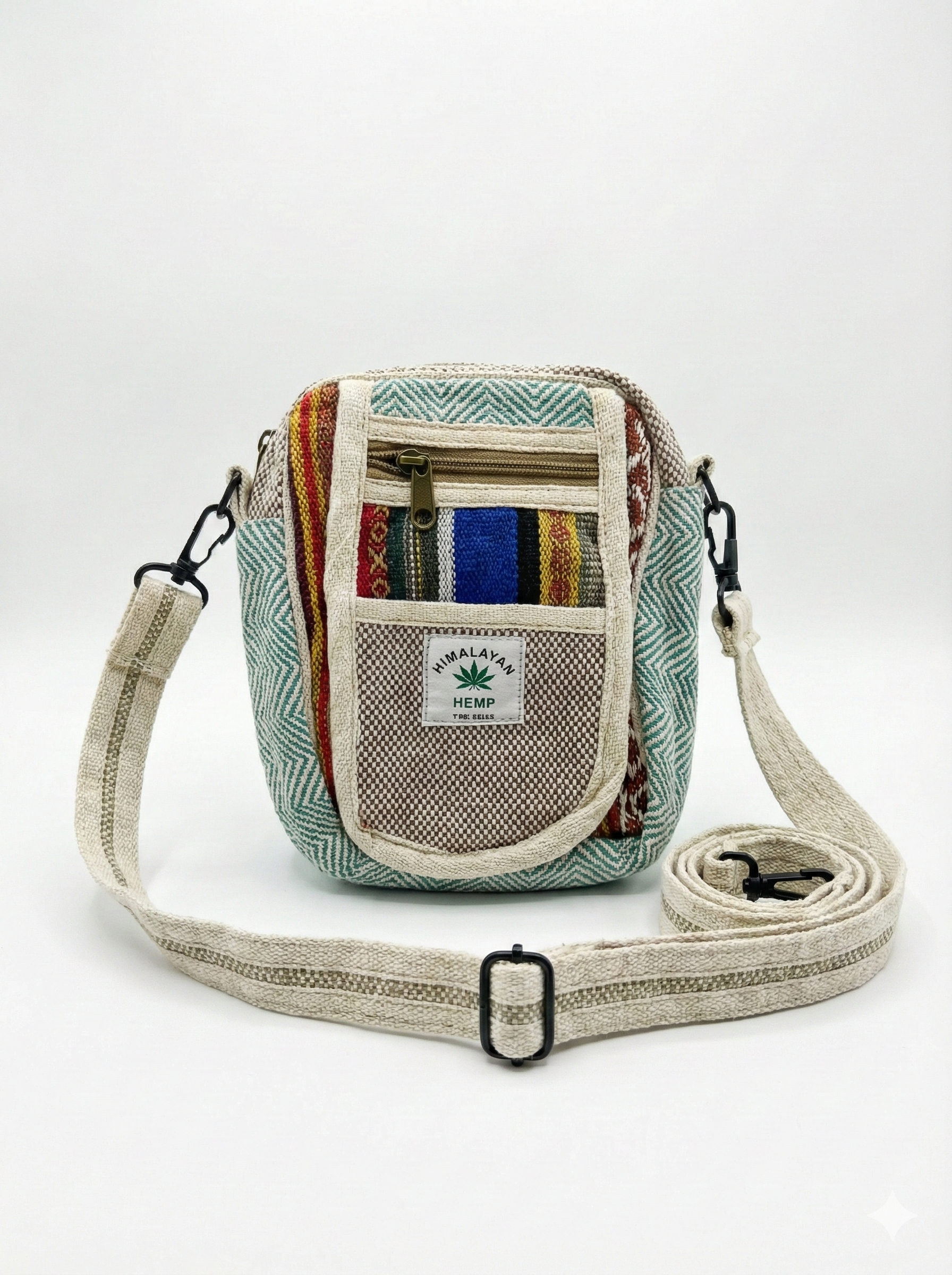 Eco-friendly Himalayan hemp Hululu sling bag with multicolor - stripped Green ethnic weave, zip pocket, and adjustable crossbody strap for travel.
