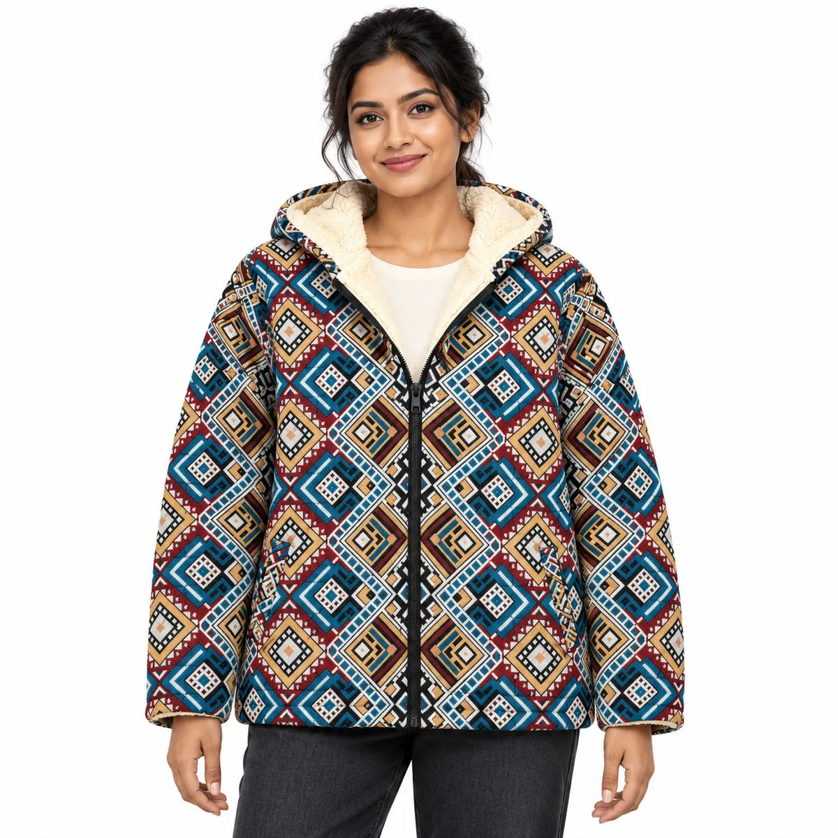 Khojo Kaarwan Jacket – Sherpa-Lined Jacquard Hooded Winter Jacket