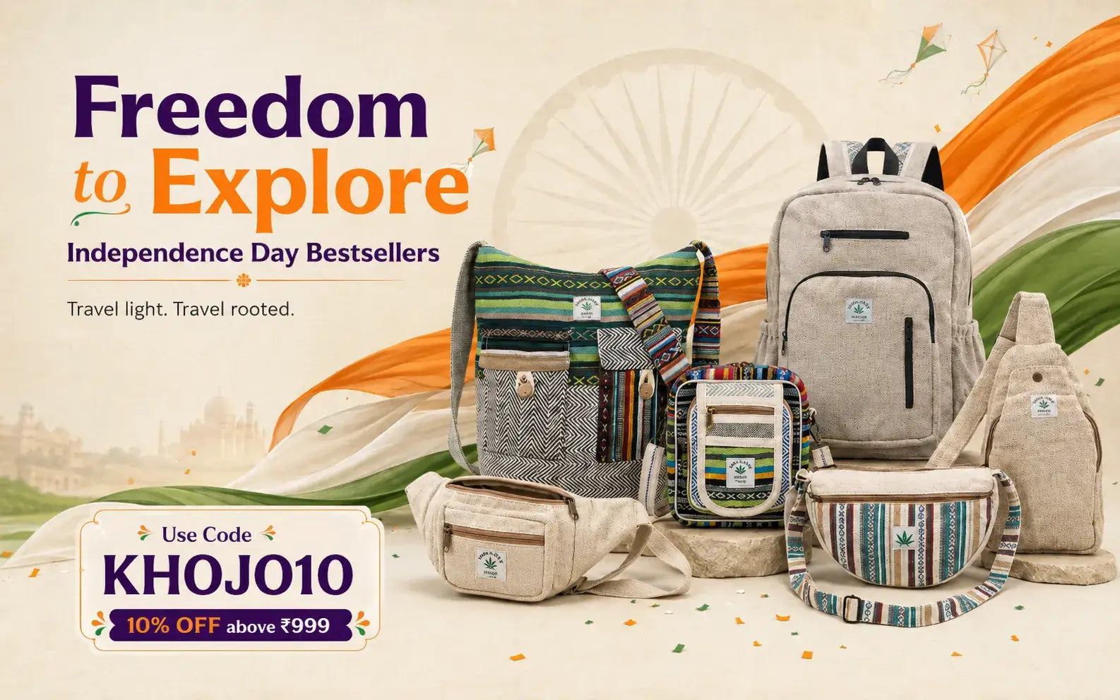 A promotional collage showing multiple travel bags and backpacks in neutral beige and striped multicolor fabrics, arranged against a stylized Indian flag and sky background with the text 'Freedom to Explore' and 'Independence Day Bestsellers.'.