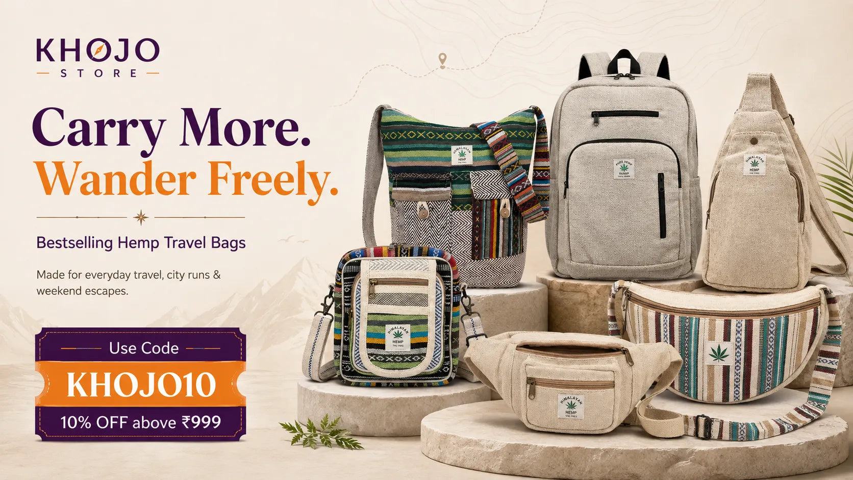 A promotional display of multiple KHOJO Store hemp travel bags in neutral and patterned fabrics, arranged on stone pedestals with marketing text and a discount code banner.