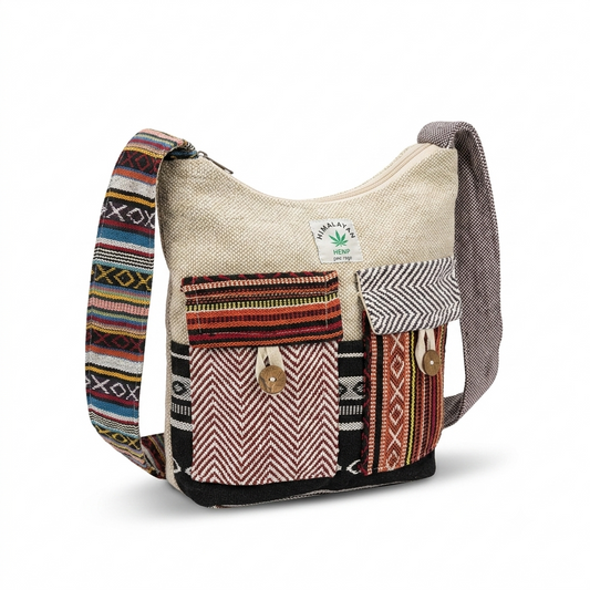 Khojo 2 Pocket Hemp Jhola Bag in natural hemp with handwoven detailing, front view