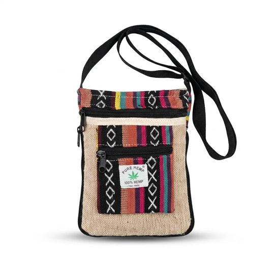 Khojo Raahi expandable hemp sling bag in natural beige with multicolour handloom woven panels, front view