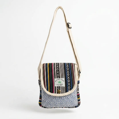 Blue-and-white chevron woven front pocket and multicolour geometric detailing on the Khojo Yatra hemp sling bag