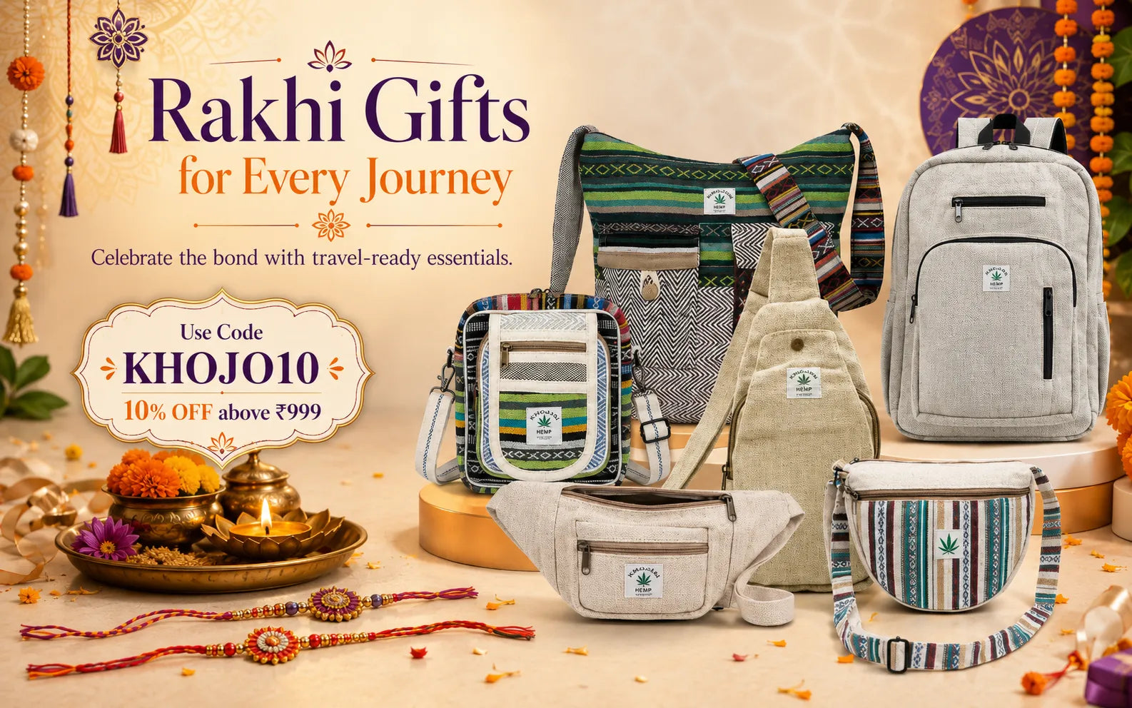 A promotional collage for travel-ready bag gifts under the heading 'Rakhi Gifts for Every Journey,' showing multiple backpacks, shoulder bags, and crossbody bags in neutral and patterned fabrics. The scene includes decorative festive props such as orange marigold, a brass lamp, and red thread, with a discount badge reading 'Use Code KHOJO10 10% OFF above 9999.
