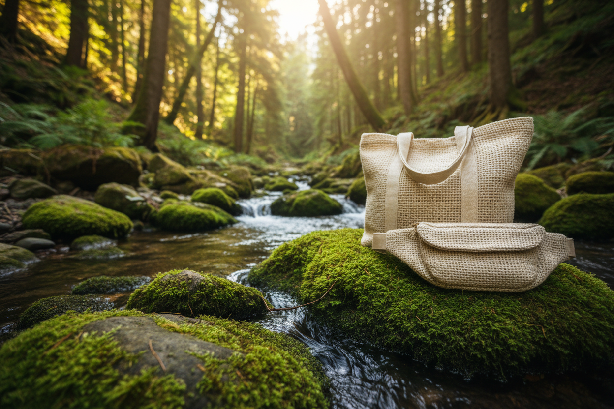 A detailed, wide photographic banner with a 21:9 aspect ratio. The shot focuses closely on the Hemp Tote Bag and the Hemp Waist Bag resting on a bed of green moss and river stones next to a clear mountain stream. The rich, natural woven texture of the hemp fabric is the main focus, highlighted by dappled sunlight filtering through forest trees. In the softly blurred background, a forest environment is visible. The composition is balanced to allow for a large headline across the center or left. Natural, eart