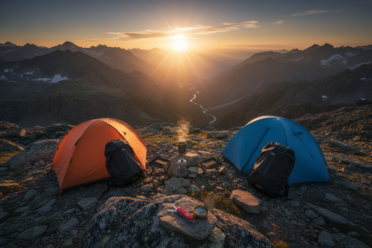 A sweeping, cinematic hero banner photograph with a 21:9 aspect ratio. The sun is just rising over a rugged mountain range, casting golden light. In the foreground, set up on a rocky outcrop overlooking the view, is a campsite featuring the "Trail Gear" collection. An orange dome tent and a blue dome tent are pitched. Two black folding stools are placed near a small portable gas stove that has a metal mug on it. Two backpacks covered in black rain covers lean against boulders. A Swiss army knife and a compa