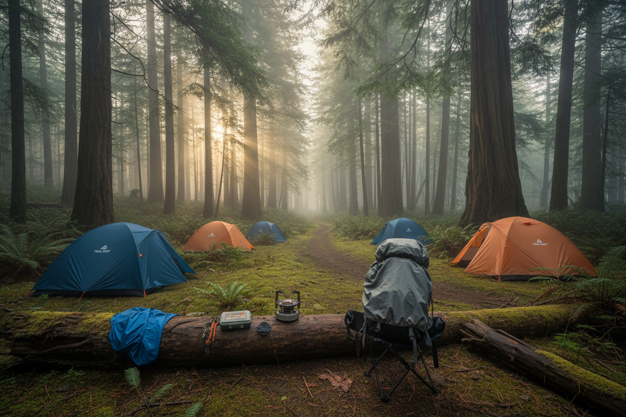 A wide, atmospheric banner photograph with a 21:9 aspect ratio capturing a basecamp deep in a lush, ancient forest. Morning mist hangs between towering pine trees. A winding dirt trail is visible in the background. The blue and orange dome tents from the Trail Gear collection are pitched on the forest floor among moss and ferns. A backpack with a rain cover rests on one of the black folding stools. A survival bracelet and a survival kit box are laid out on a log next to the portable gas stove. A blue rain p