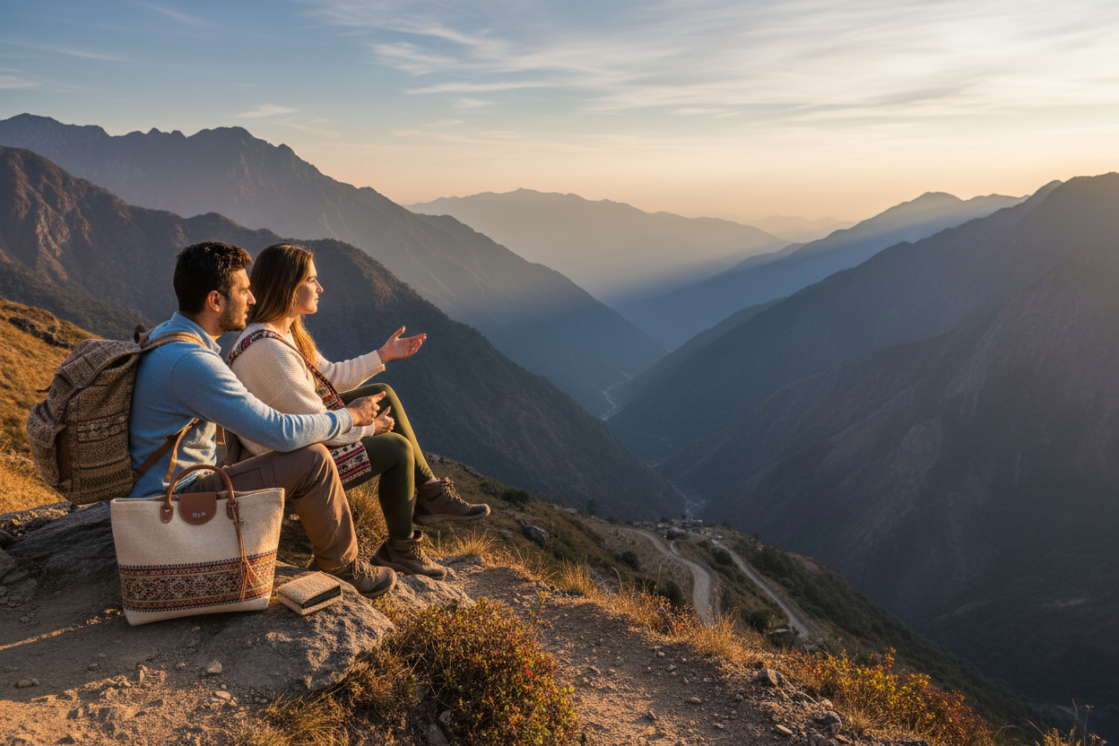 A wide, horizontal lifestyle banner photograph with a 21:9 aspect ratio. Two hikers, a man and a woman dressed in comfortable outdoor clothing, take a break on a scenic mountain trail overlooking a valley. The man is wearing the Hemp Pithu Backpack, and the woman has the Hemp Sling Bag across her shoulder. The Hemp Tote Bag and Wallet rest on a rock next to them. The sun is low, casting long shadows and a warm glow. The composition is open on the right side, with the hikers positioned on the left, allowing 
