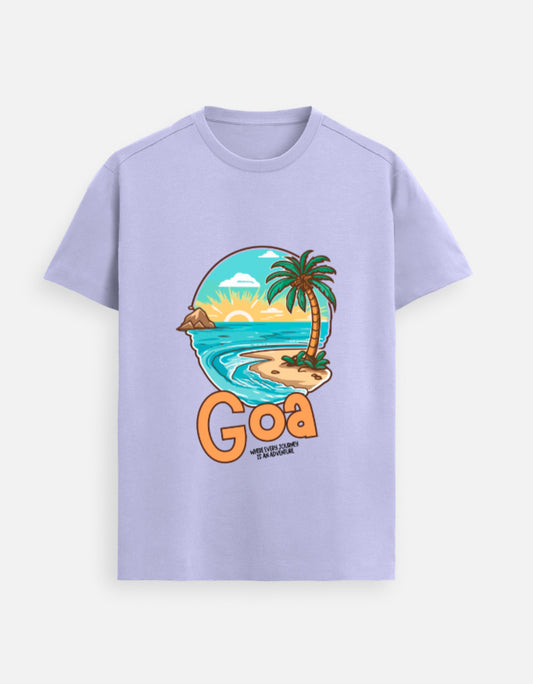 Goa beach graphic travel tee front view by Khojo
