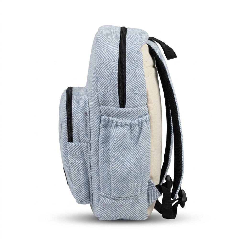 Eco friendly 4 zipper hemp backpack front view by Khojo