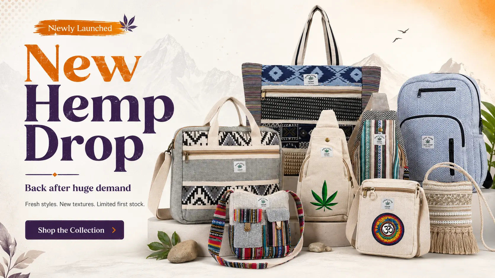 Collection of hemp bags with promotional text for a new launch on a light background.