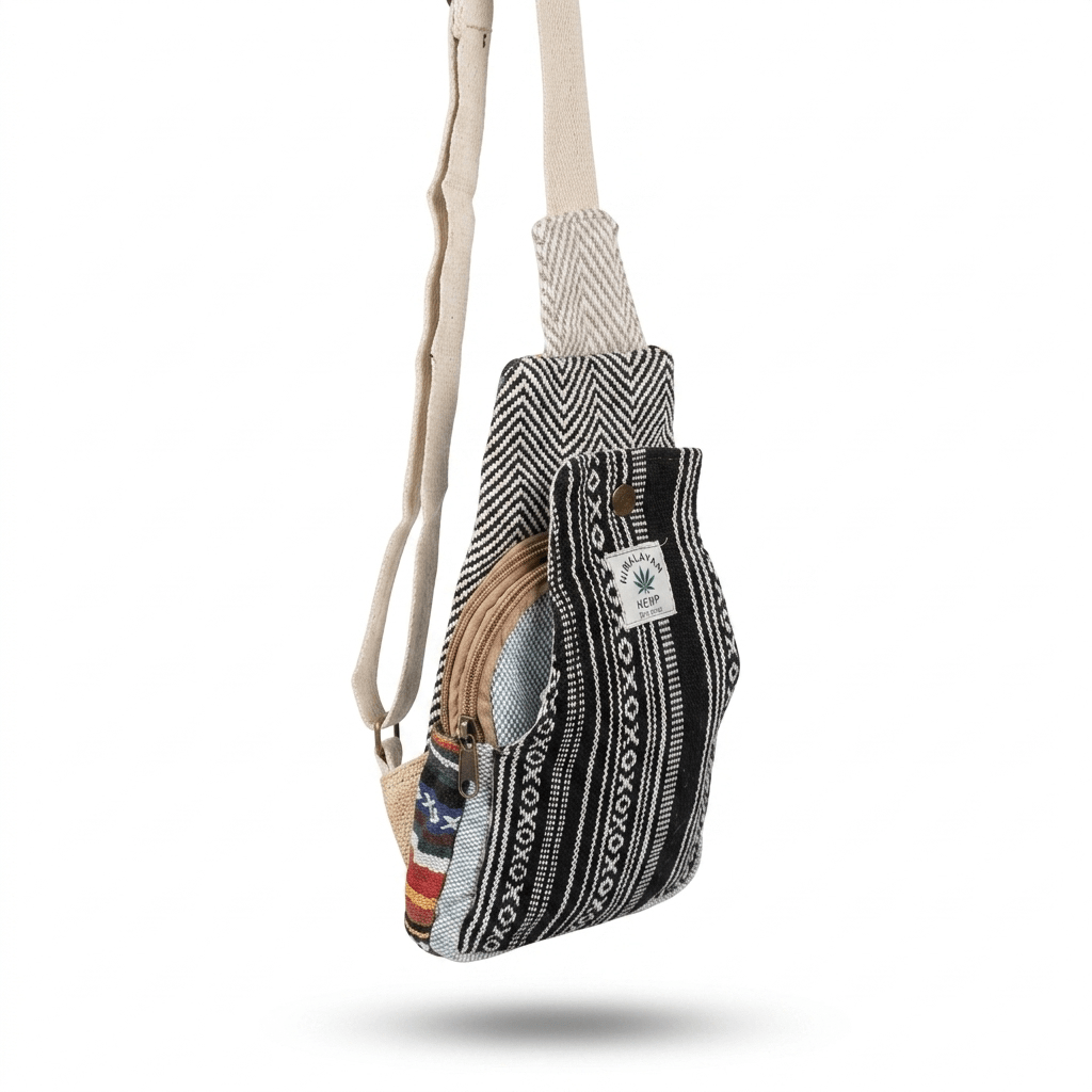 Hemp Crossbody Bag holding phone and wallet, Khojo