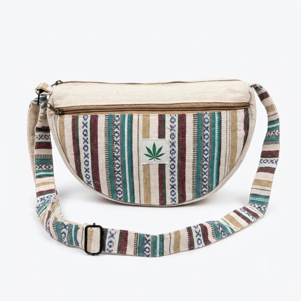 Handwoven multicolour weave detail on the Khojo Hemp Drift Boat Bag