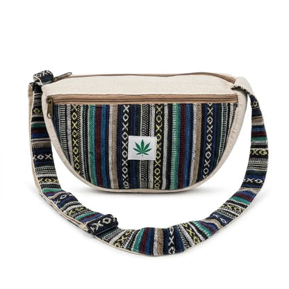 Adjustable strap on the Khojo Hemp Drift Boat Bag, worn crossbody