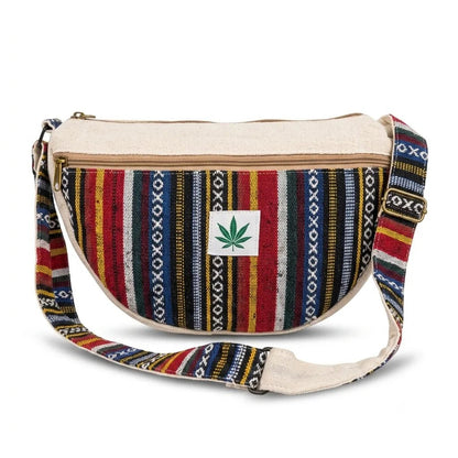 Khojo Hemp Drift Boat Bag in handwoven multicolour hemp, front view of the flat boat-hull shape