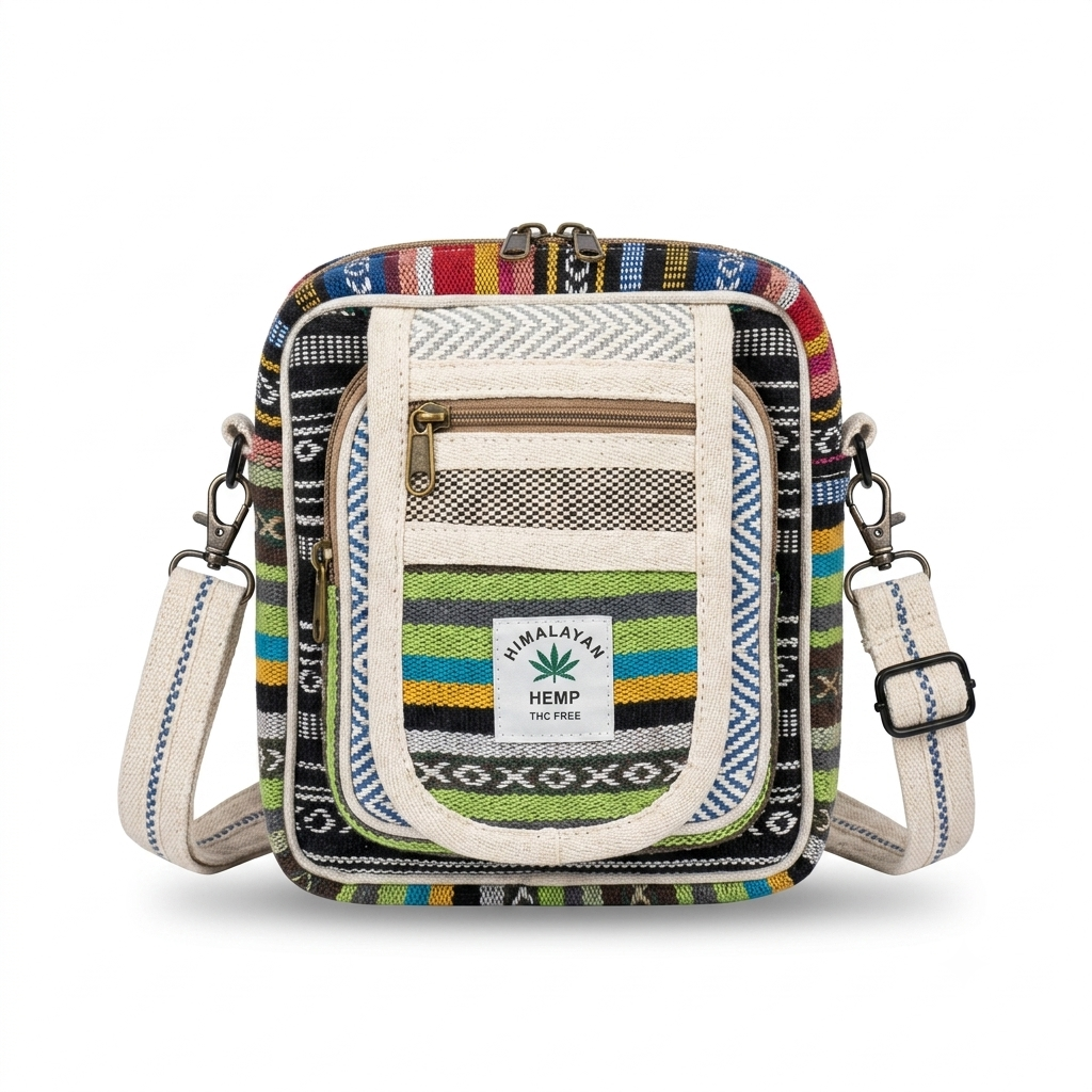 Khojo Hemp Hululu Sling Bag in multicolor stripe weave, front view
