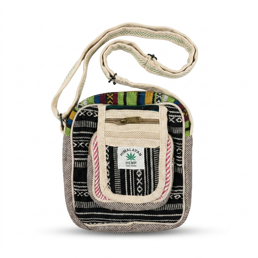 Eco friendly multicolor hemp sling bag front view by Khojo