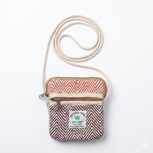 Khojo Hemp Sling Pouch, front view, multicolor print