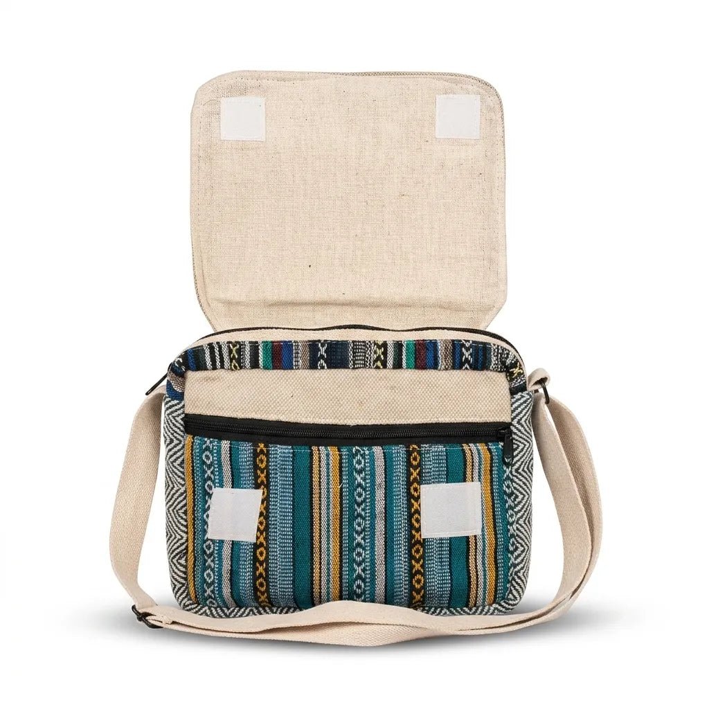 Hemp Voyager tablet sling shown with the front flap open over its zip pocket