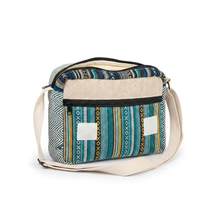 Khojo Hemp Voyager Tablet Sling Bag shown open with everyday essentials inside