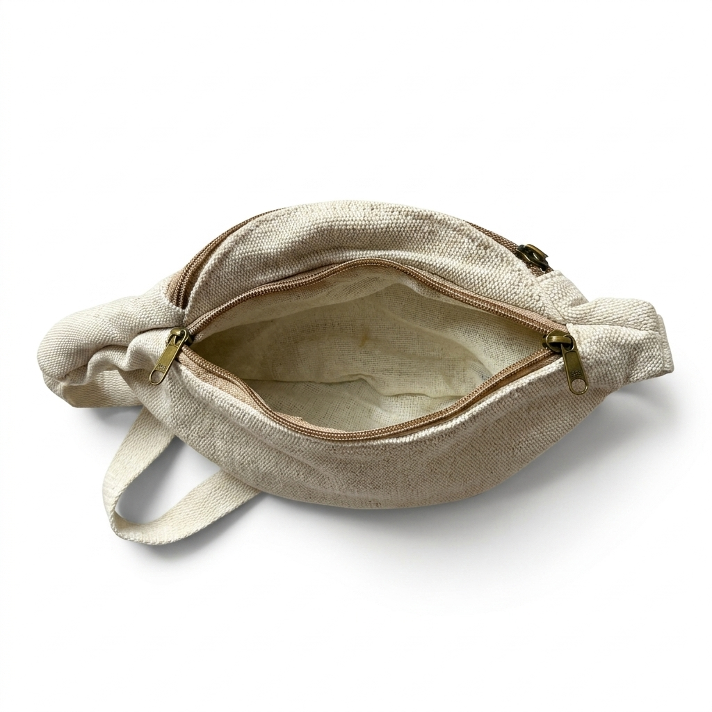 Hemp waist bag worn at the waist for hands free carry by Khojo