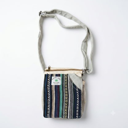 Khojo Mini Trail mini hemp sling bag side angle in eco-friendly natural hemp fabric