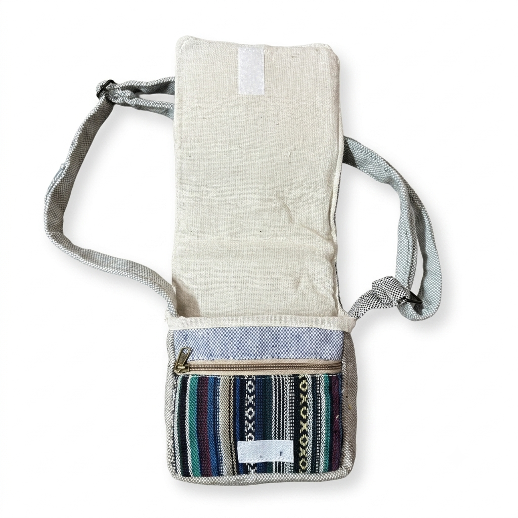 Close-up of natural hemp weave texture on Khojo Mini Trail sling bag