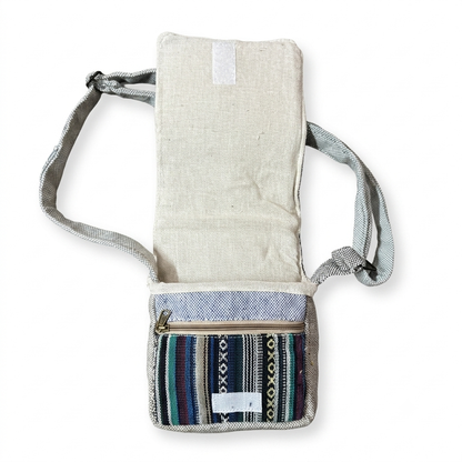 Close-up of natural hemp weave texture on Khojo Mini Trail sling bag