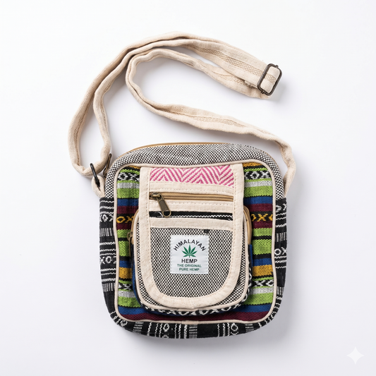 Multicolor hemp sling bag with adjustable strap, front zipper pocket, woven pattern, and Himalayan hemp label